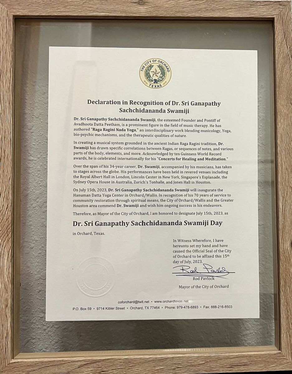 City of Orchard, Texas · "Dr. Sri Ganapathy Sachchidananda Swamiji Day"