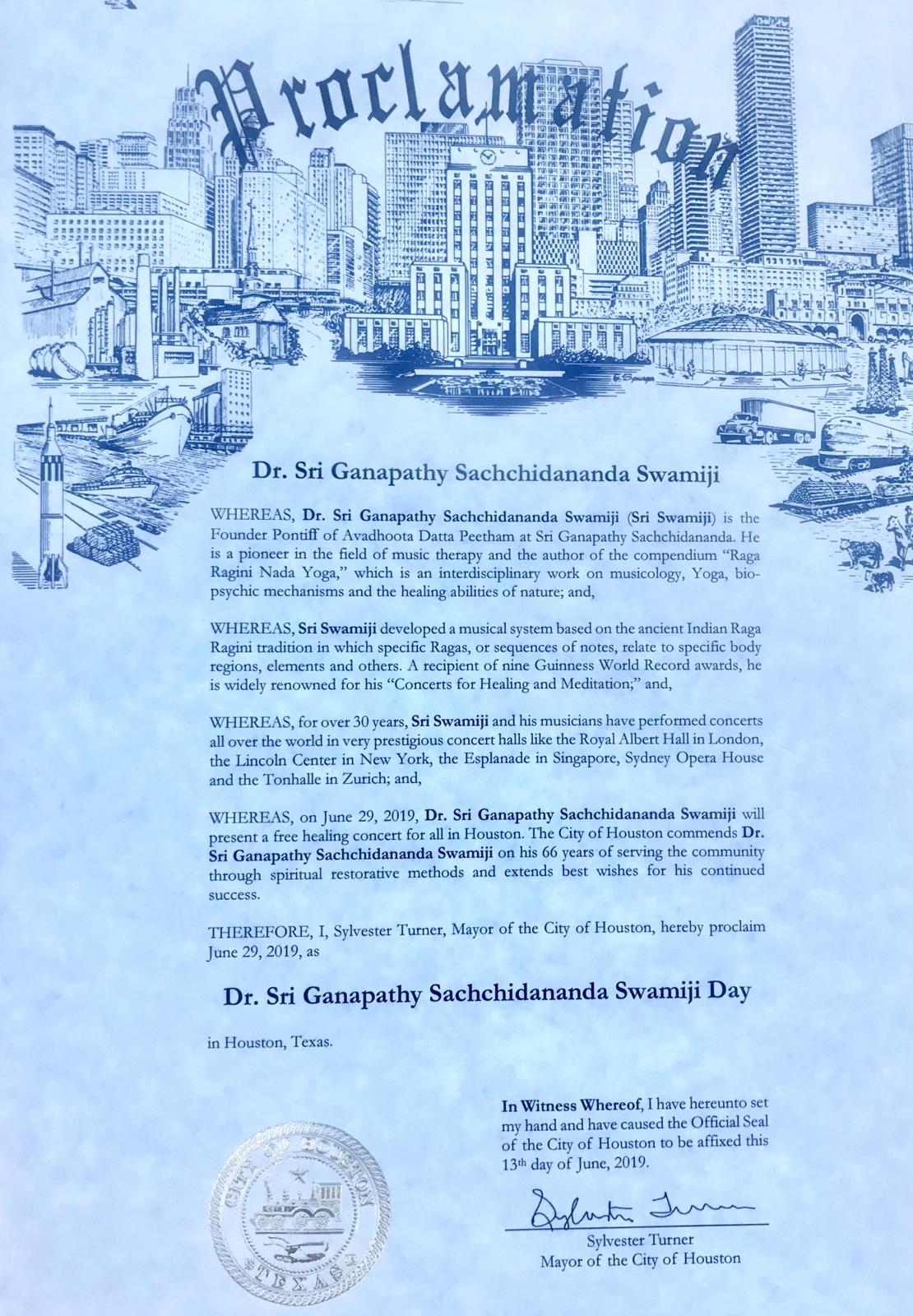 Proclaim Jun 29, 2019 as Dr. Sri Ganapathy Sachchidananda Swamiji Day in Houston TX